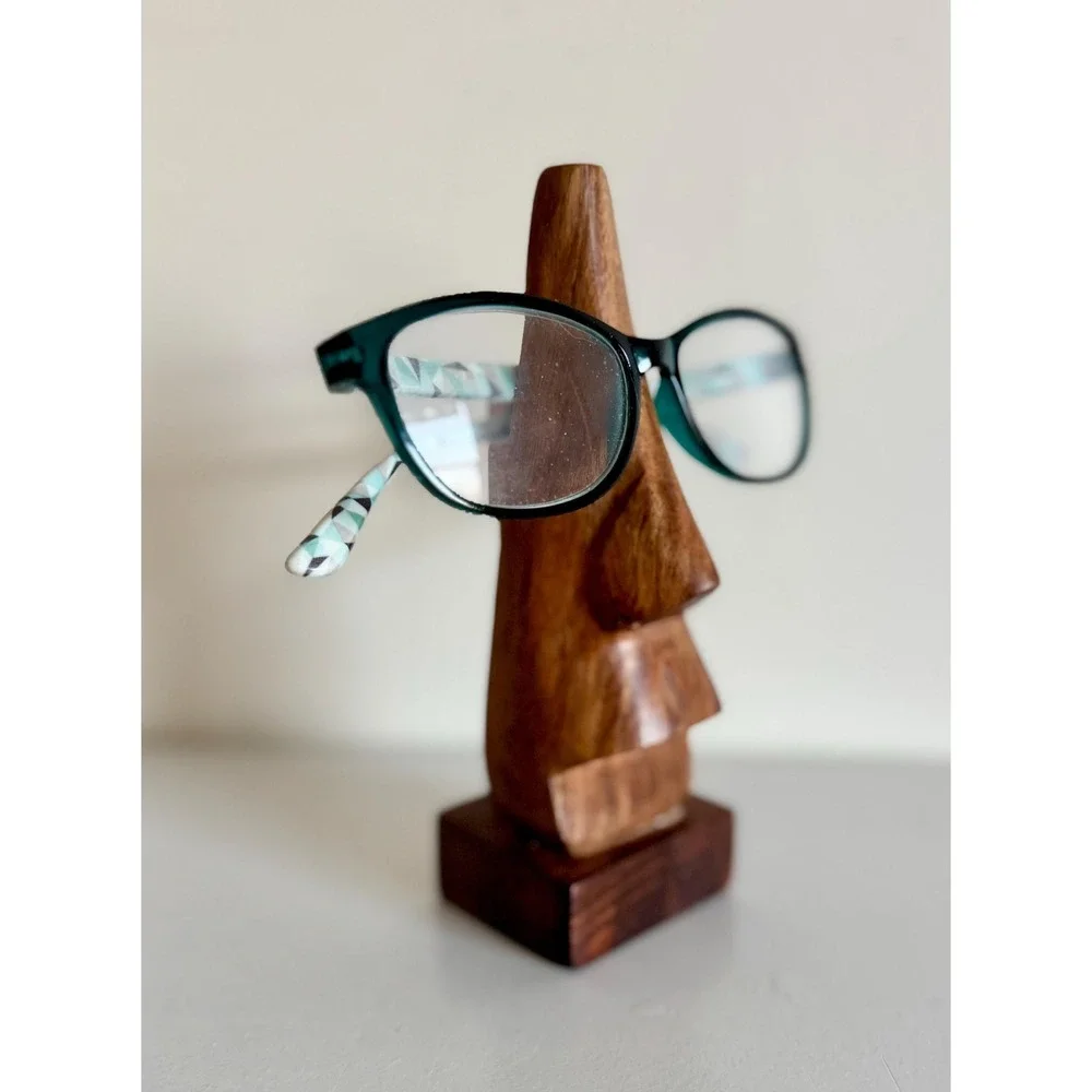 Hand Carved Wood Moai Eyeglass Holder | Easter Island Statue MCM Desk Art